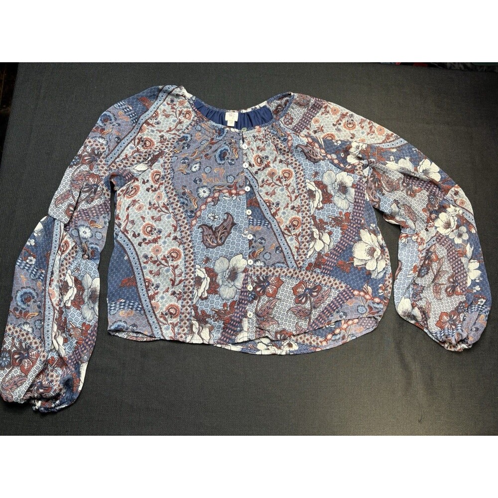 Autres Filles Blue Floral Button Front Long Sleeve Round Neck Blouse S/P
